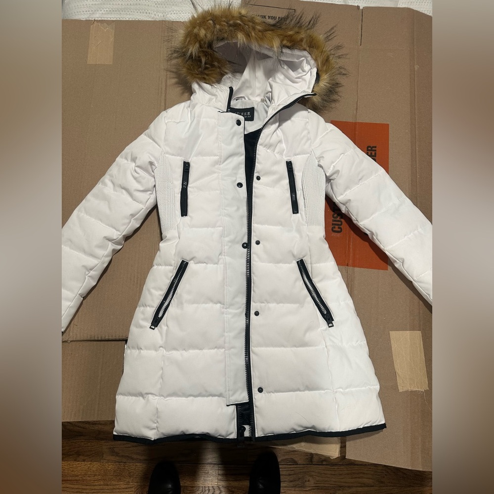 Guess White Puffer Jacket with Black Accents